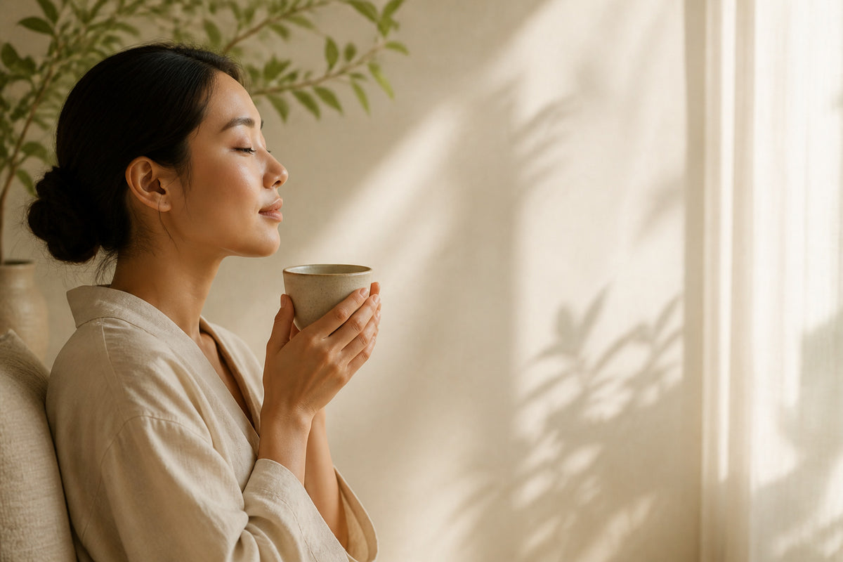 A quiet botanical ritual moment with tea