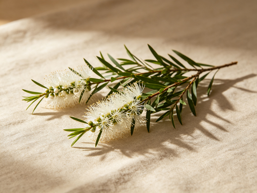 Tea tree branches with white filament flowers on linen
