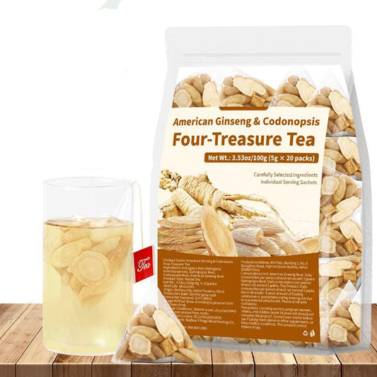 Four-Treasure Tea package with tea bags and ginseng roots on a white background