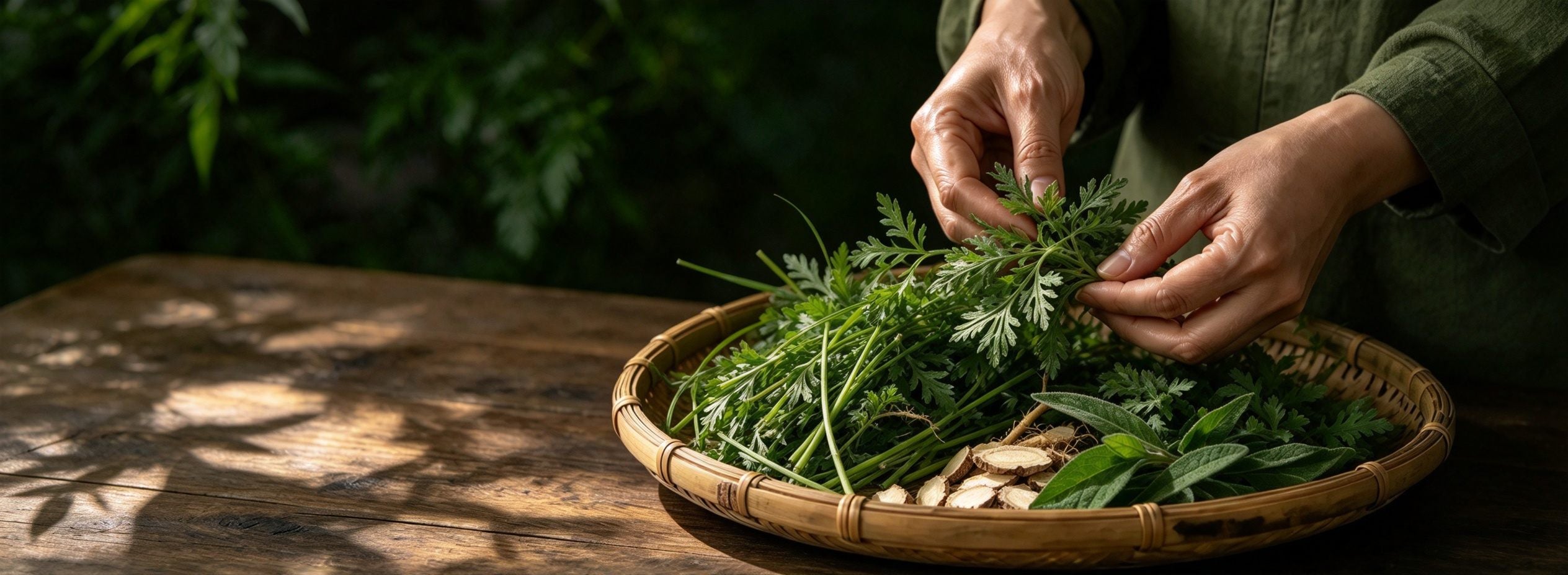 Herbal botanicals gathered on a wooden table